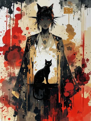 Watercolor and ink painting of a female ronin with cat silhouette in double exposure, featuring red, black, and golden neon splashes with expressive brushwork.