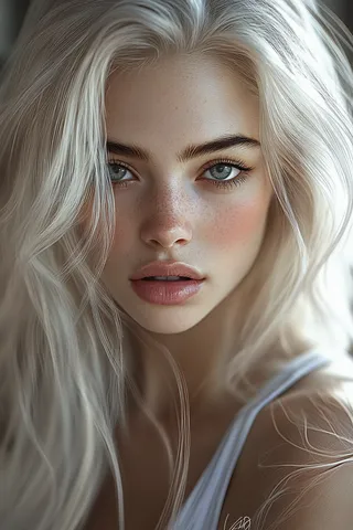 Close-up realistic portrait of a beautiful young woman with paper-white skin, blonde long hair, gray eyes, pink lips, and rosy cheeks wearing normal clothing in a living room setting.