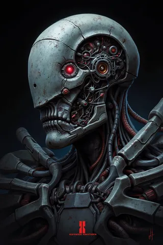 Highly detailed cyborg monster with one glowing red eye, intricate mechanical parts and cables, dark background.