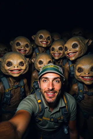 Selfie POV photo of a smiling dudebro hiker surrounded by multiple friendly, smiling alien creatures at night.
