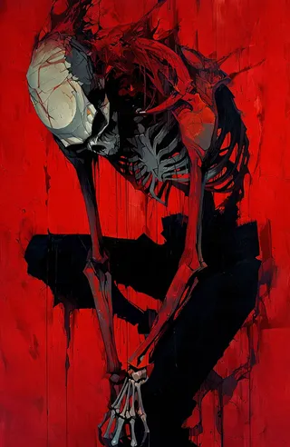 A skeletal figure with a gray human skull crouching, covered in red vein-like tendrils, wearing black pants against an abstract red background with vertical streaks.