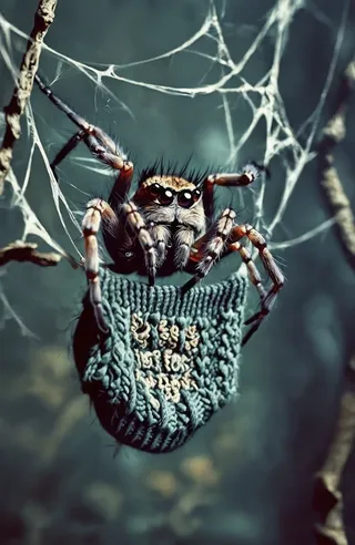 A hairy spider with large puppy-like eyes perched on an intricate web in a dimly lit eerie forest, holding a handmade knitted pullover.
