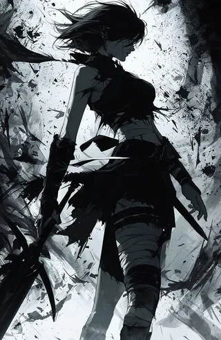 Profile view of a female warrior with short dark hair holding a large sword, wearing tattered clothing and bandages, set against a chaotic black and white splattered background.