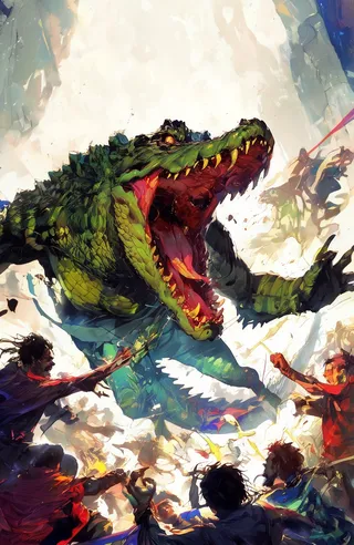 A colorful anime drawing of a large crocodile with its mouth open wide, aggressively fighting multiple people in a dynamic fantasy battle scene.