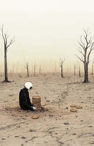 A solitary humanoid figure with a large round head, dressed in black, sits on cracked, barren earth, holding a stack of cookies surrounded by leafless trees in an eerie, foggy desolate landscape.