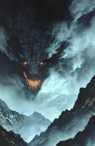 A massive, epic dragon with glowing orange slit eyes and a fiery mouth peeks menacingly over fog-covered mountains under a dark and cloudy sky.