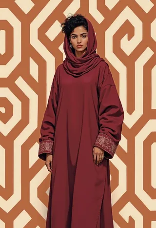A North African woman wearing a rich burgundy djellaba with minimalist embroidery on the cuffs and hood, standing confidently against a beige and terracotta geometric optical illusion pattern.