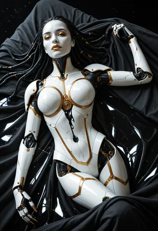 A female robot with white marble-like armor decorated with gold accents, lying on black fabric with very long black dreadlocks and realistic facial features.