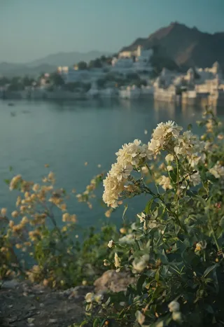 Close-up of white flowers in the foreground with a blurred view of Udaipur city and its lake in the background under cinematic light.