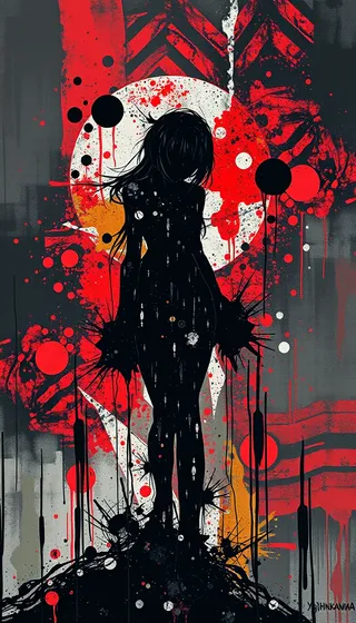A dark silhouette of a woman stands against a chaotic neo abstract background with explosive red and black brush strokes, vibrant splashes, and emotional intensity.