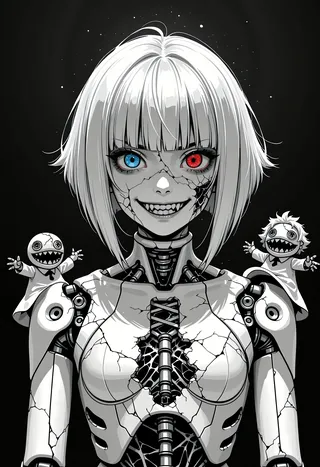 A black and white robotic puppet with cracked face, showing heterochromia with one red eye and one blue eye, an evil grin with fangs, and two small puppets on each shoulder.