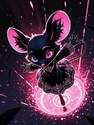 Digital art of a black-furred mouse girl with heterochromia eyes dancing above a glowing pink magical circle, surrounded by floating black feathers and pink embers.