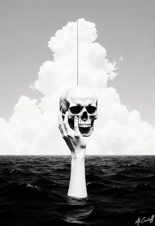 Monochrome digital drawing of a pale hand emerging from dark water holding a detailed skull against a cloudy sky.