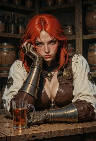 Portrait of a female warrior with striking red hair, wearing medieval-inspired armor and a skull necklace, resting her head on her gloved hand in a dimly lit tavern.
