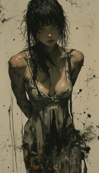 Close-up artistic painting of a surprised dancing naiad with dark hair and intense eyes, hands behind her back, painted in the style of Ashley Wood with a deep, meaningful abstract background.