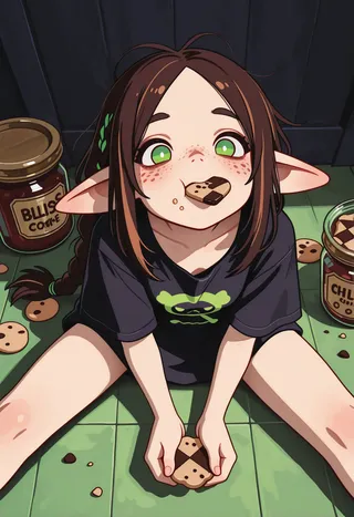 Anime-style elf girl with brown streaked hair and green eyes, sitting on the floor eating cookies with cheeks puffed, holding a cookie and surrounded by cookie jars and crumbs.