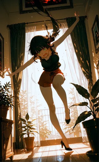 A young girl with long dark hair tied in a low ponytail and green gradient eyes is captured mid-motion, falling or losing balance inside a sunlit room with curtains and potted plants.