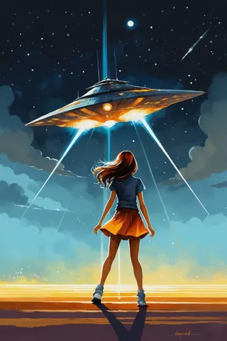 A girl in an orange skirt stands facing a glowing UFO spaceship emitting bright beam lights under a starry night sky.