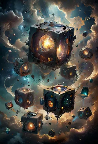 Glowing translucent cubes with fiery cores float amidst swirling eerie clouds and a warped starscape, creating a surreal and sparkling cosmic scene.