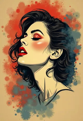 Vintage style portrait of a woman with dark hair, styled in retro fashion, featuring vibrant red makeup and detailed line work on a textured sepia background with colorful abstract floral patterns.