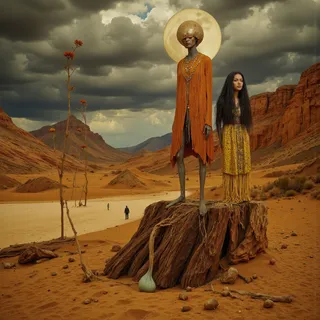 A surreal Spanish desert with carnelian and sand hues featuring two elongated human figures standing on a large weathered tree stump, under a stormy sky filled with apocalyptic clouds.