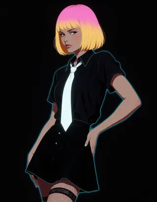 A digital artwork of a latin woman with a bright blonde wig and straight bangs, wearing a black short-sleeve shirt and white tie, standing with one hand on her hip against a black background with neon glow outline.