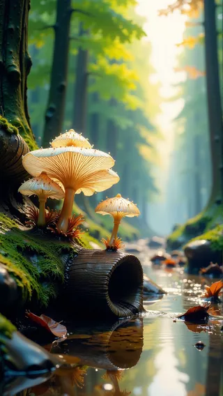 A serene forest scene with delicate glowing white mushrooms growing on a mossy decaying log beside a calm puddle, under soft backlighting and misty volumetric light.