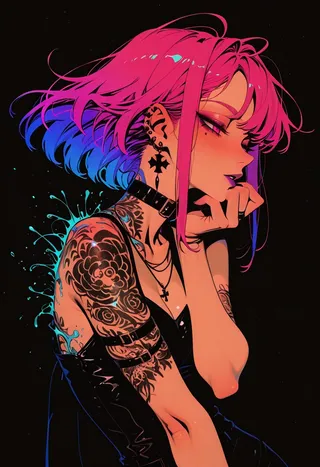A punk girl with pink and blue iridescent hair, detailed tattoos on her arm and shoulder, wearing a black choker and earrings, posed seductively against a dark background with flat design and neon colors.