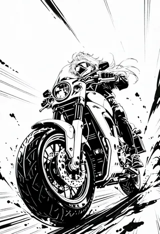 A dynamic monochrome ink illustration of a motorcycle rider speeding forward with motion blur, foreshortening perspective, and ink splash effects.