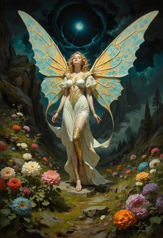 A digital painting of an angelic creature with large golden and blue butterfly wings standing on a rocky path surrounded by colorful flowers under a mystical night sky with a glowing celestial body.