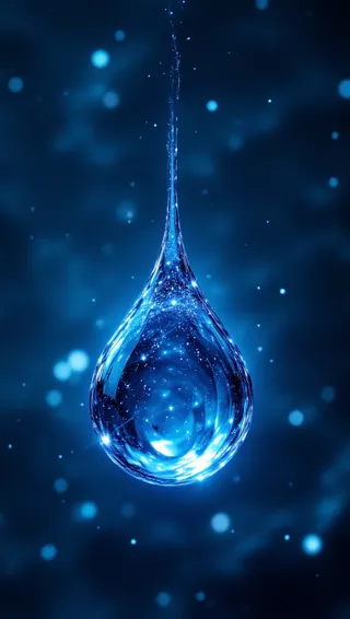 A hyperrealistic, perfectly formed liquid diamond teardrop suspended mid-air against a deep indigo background, refracting shimmering star-like light within its form.