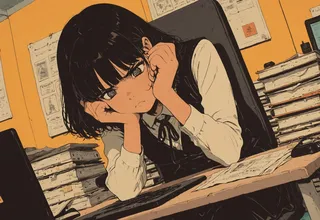 Anime style drawing of a tired girl with dark circles sitting at a desk surrounded by piles of documents and a laptop in a warm-colored office environment, showing a confused and busy expression.