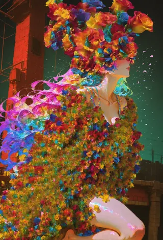 A vibrant painting of a mature female in profile wearing a midsummer dress covered in colorful flowers, with a large flower headdress and iridescent hair, set against an industrial scaffolding background.