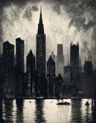 Black and white charcoal illustration showing a city skyline at night with skyscrapers, a spire, and faint lights reflecting on a body of water in the foreground.