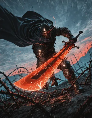 A dark armored knight wielding a glowing fiery sword on a stormy battlefield with barbed wire and a dramatic sky.