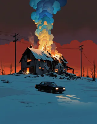 Surreal minimalistic scene of a dilapidated barn engulfed in flames and emitting blue and yellow smoke, set in a snowy field with a black car parked nearby.