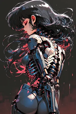 Profile view of a female cyborg with long black hair, mechanical spine, and robotic limbs against a dark abstract background with cyberpunk aesthetics.