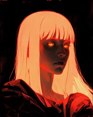 Digital illustration of a glowing portrait of a woman with long straight blonde hair and glowing yellow eyes, bathed in dramatic red light against a dark background.