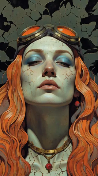 A digital stylized portrait of a woman with cracked, earthy skin texture, orange flowing hair, orange-lensed goggles on her head, vibrant blue eyeshadow, and a gold necklace with a red pendant.