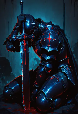 A dark knight in scratched black armor kneeling with head bowed, holding a bloodied greatsword planted on the ground, surrounded by shadows and a dark atmosphere.