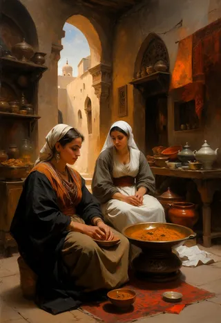 A detailed classical painting of two women seated in an old-world market with an intricately carved Tagine and vintage decor under soft natural light.