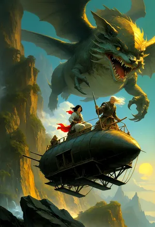 A vivid fantasy scene featuring heroes on a metallic airship facing a large, fierce dragon above a cliffside at sunset.