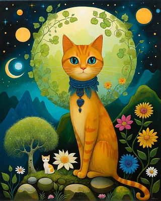 Orange tabby cat with blue eyes and decorative collar sitting amidst colorful flowers and moss-covered stones with a glowing moon and stars in a magical ancient forest landscape.
