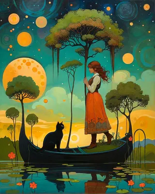 Ethereal fantasy scene of a woman in an orange dress standing in a boat with a black cat, surrounded by tall cypress trees and celestial orbs in an impressionistic style.