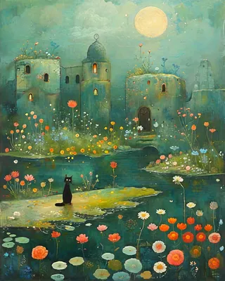 Moonlit fantasy landscape featuring castle ruins surrounded by colorful wildflowers and a black cat sitting on a small island, painted in an impressionistic style with detailed brushstrokes.
