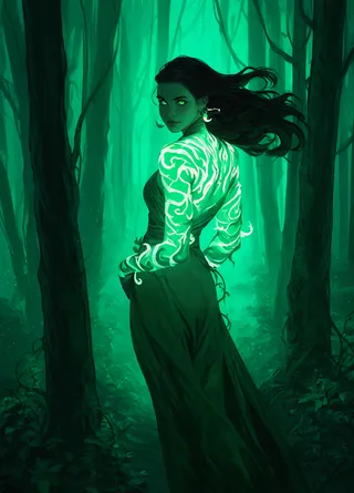 A mystical forest scene featuring an ethereal woman with dark flowing hair and glowing white tattoos on green skin, standing among dense trees and foliage.