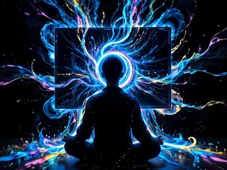 A person sitting cross-legged in front of a mounted flat screen TV, surrounded by vibrant glowing binary code light trails flowing over their head and body.