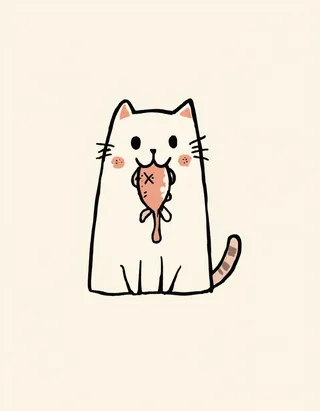 Simple cartoon cat logo holding a fish with crossed eyes and blood drops, drawn with bold black lines on plain background.