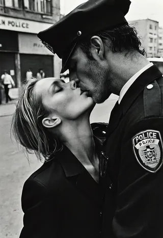 Black and white photograph of a police woman and a man sharing a kiss in an urban setting, styled like Anton Corbijn's photography
