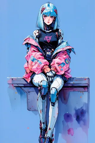 A cyberpunk cyborg girl with blue hair and pink eyes sitting against a pastel blue background, wearing a pink jacket and black clothing, featuring mechanical legs and arms with detailed robot joints, illustrated in a watercolor retro style.